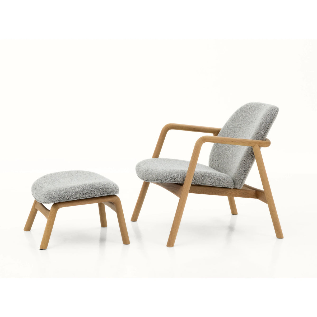 Solid American oak armchair upholstered in Noel patterned fabric