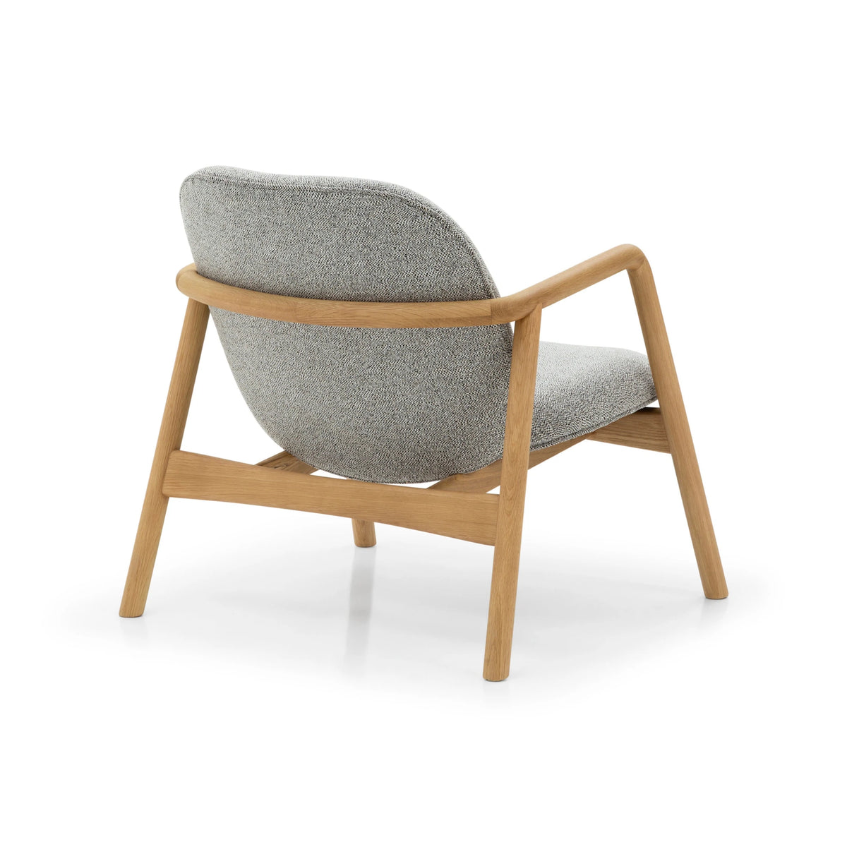 Theo Armchair – Noel Fabric rear angle with light gray upholstery and solid natural oak frame