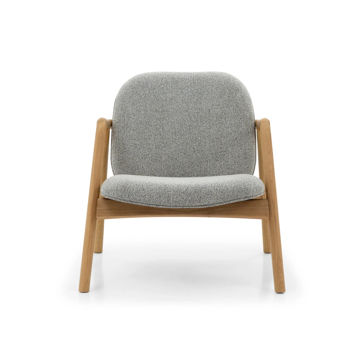 Theo Armchair – Noel Fabric front view with soft gray upholstery and solid natural oak frame