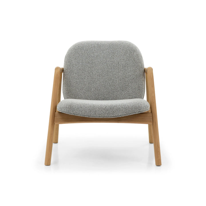 Theo Armchair – Noel Fabric front view with soft gray upholstery and solid natural oak frame