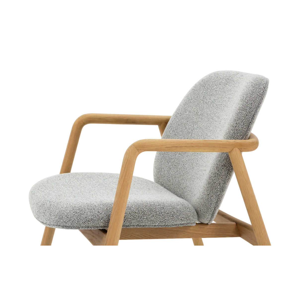 Theo Armchair – Noel Fabric side angle highlighting light gray upholstery and smooth natural oak frame