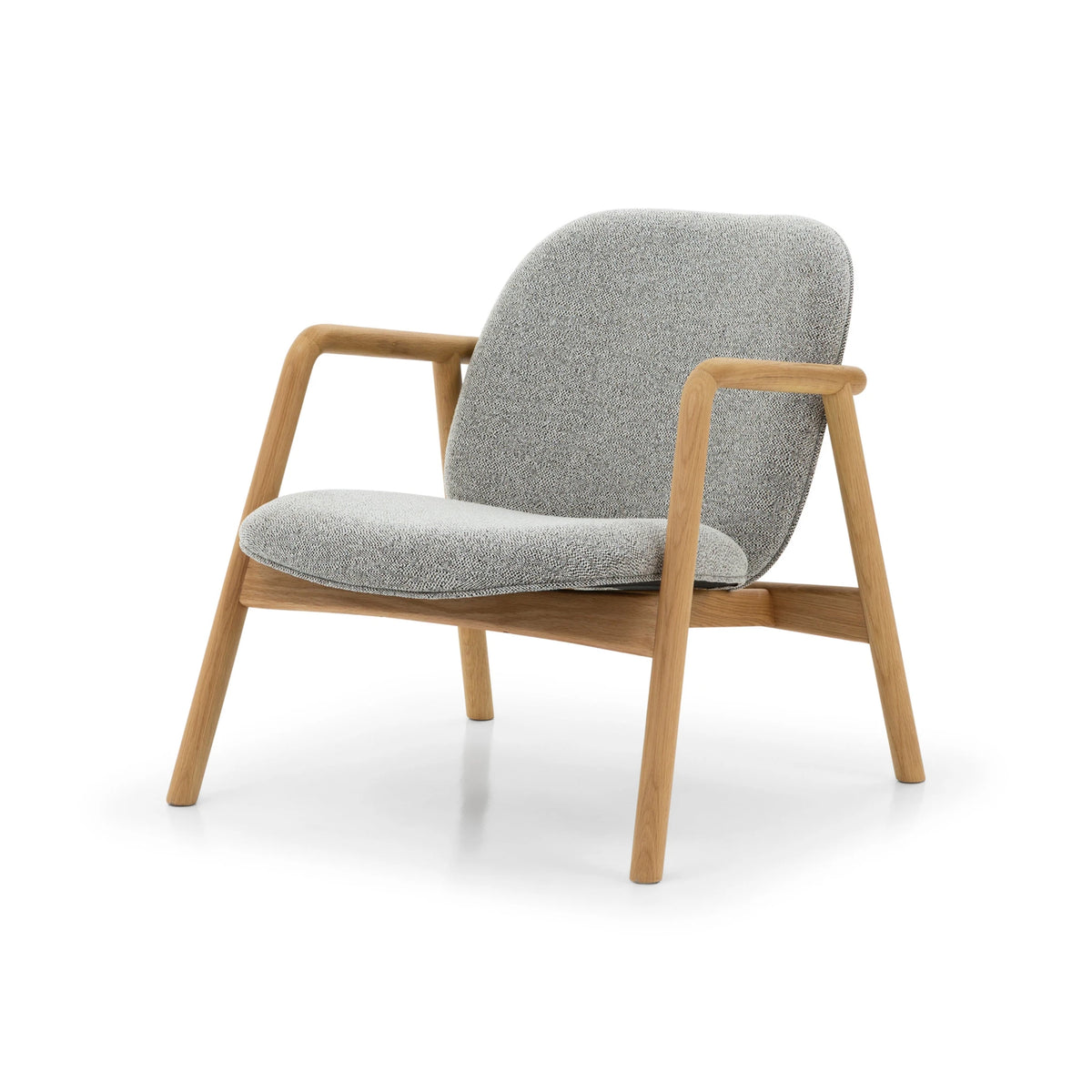 Modern oak lounge chair with matte finish and soft Noel fabric upholstery