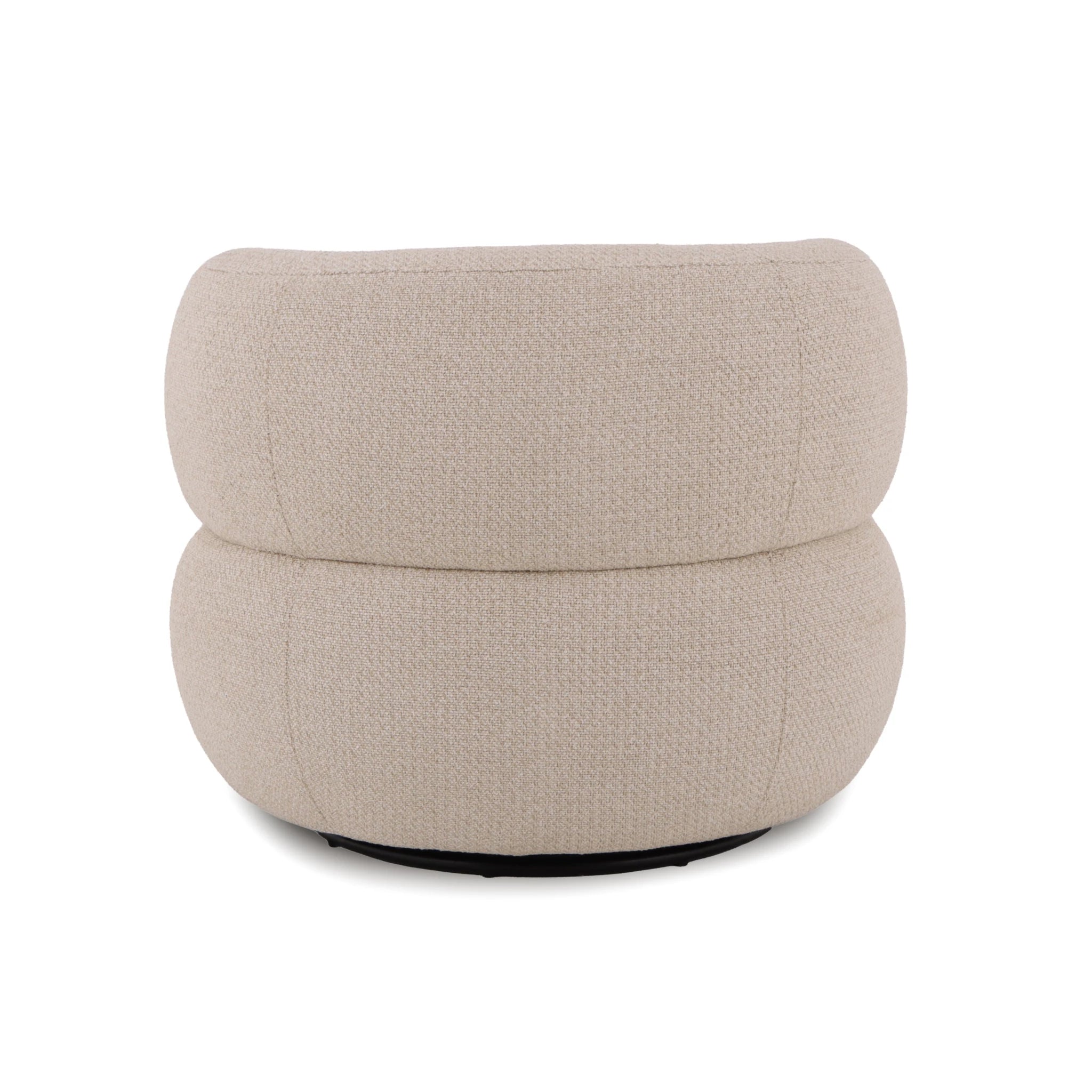 Theo – Beige Swivel Armchair with Wooden Accents in rounded, sculptural silhouette with soft textured beige fabric, gallery position 1, file beez-5.webp