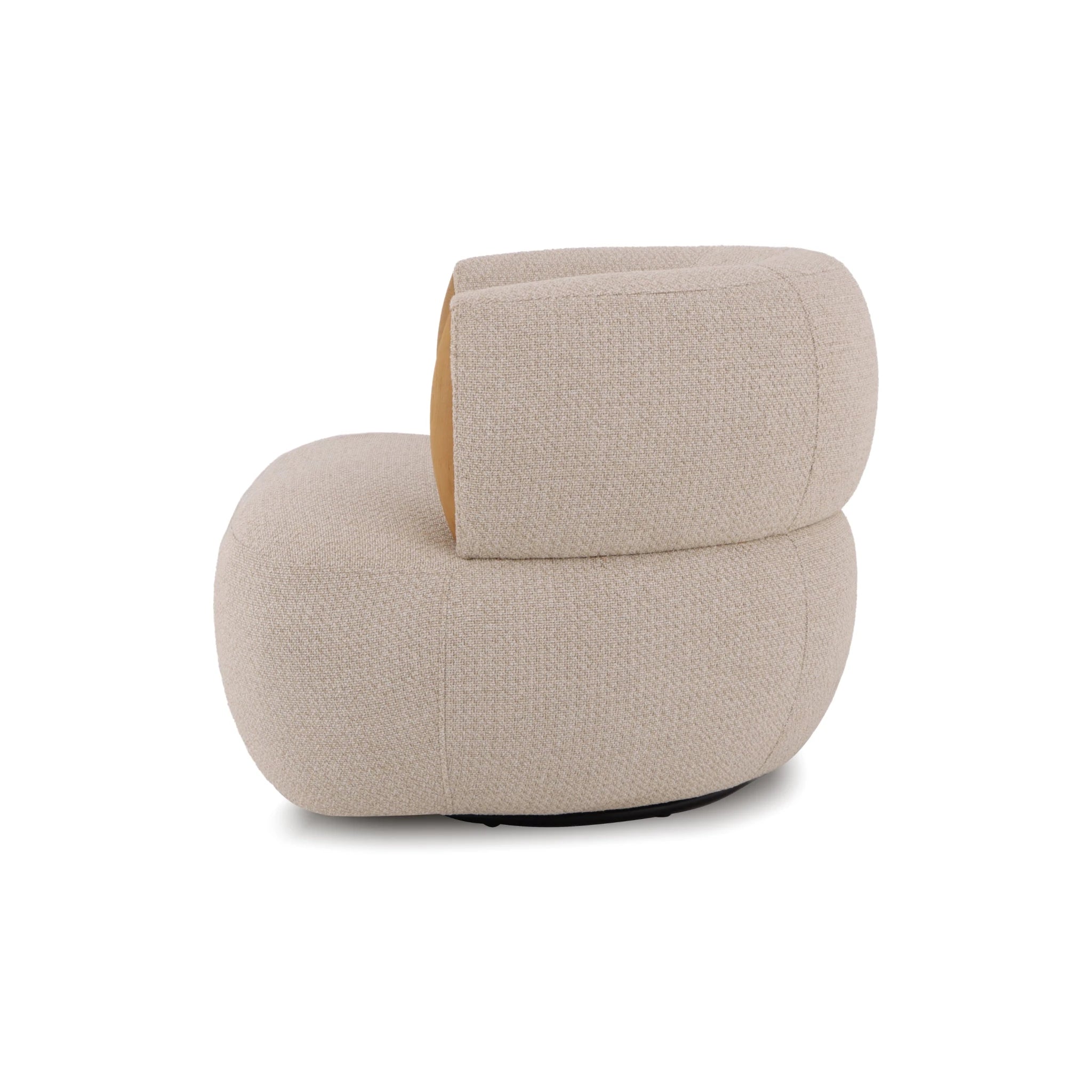 Modern swivel lounge chair in beige upholstery with natural oak details