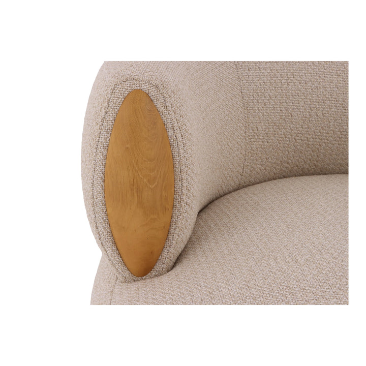 Theo – Beige Swivel Armchair with Wooden Accents close-up on rounded armrest with smooth natural oak oval inlay