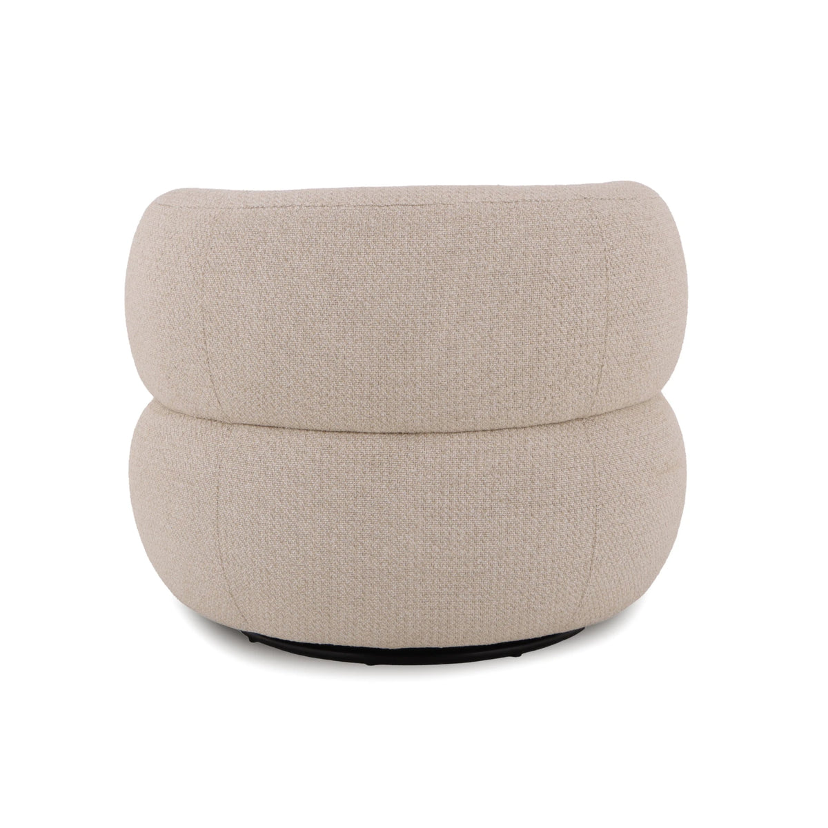 Theo – Beige Swivel Armchair with Wooden Accents in rounded, sculptural silhouette with soft textured beige fabric