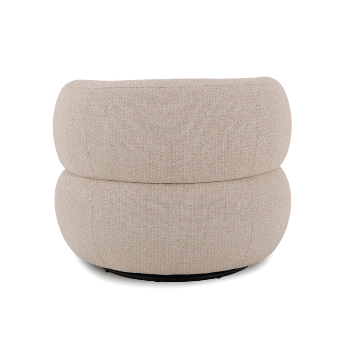 Theo – Beige Swivel Armchair with Wooden Accents in rounded, sculptural silhouette with soft textured beige fabric