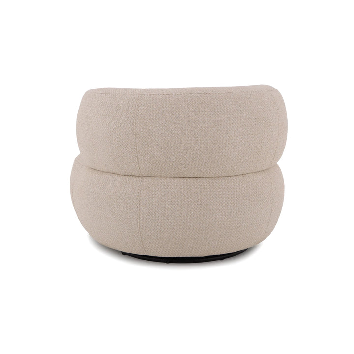 Theo – Beige Swivel Armchair with Wooden Accents in rounded silhouette with textured beige fabric and smooth swivel base