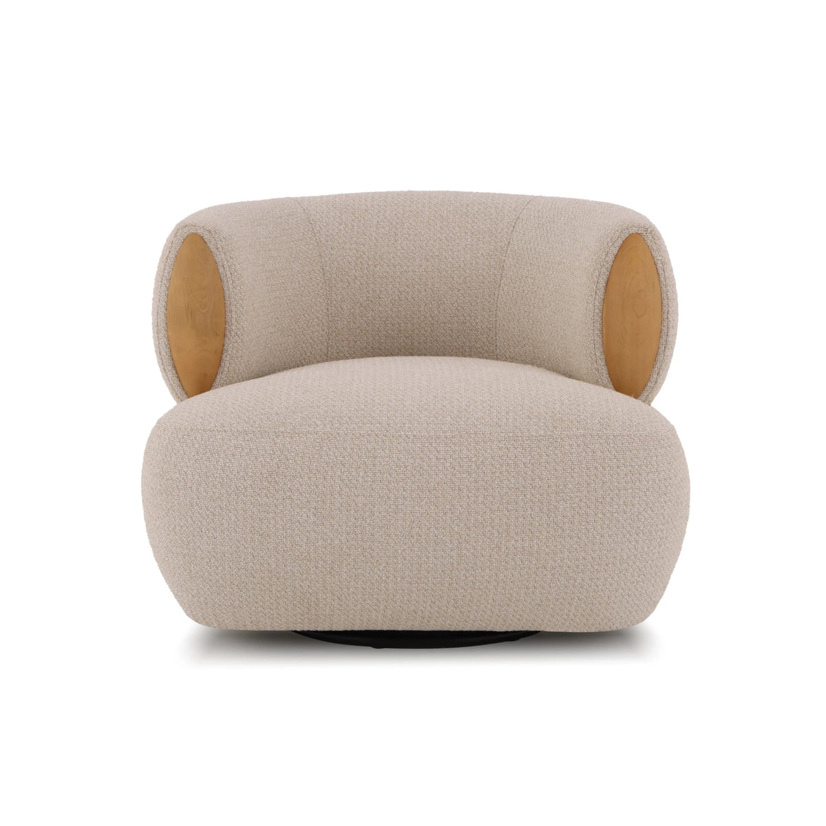 Beige fabric swivel chair with wooden arm accents and 360-degree rotation