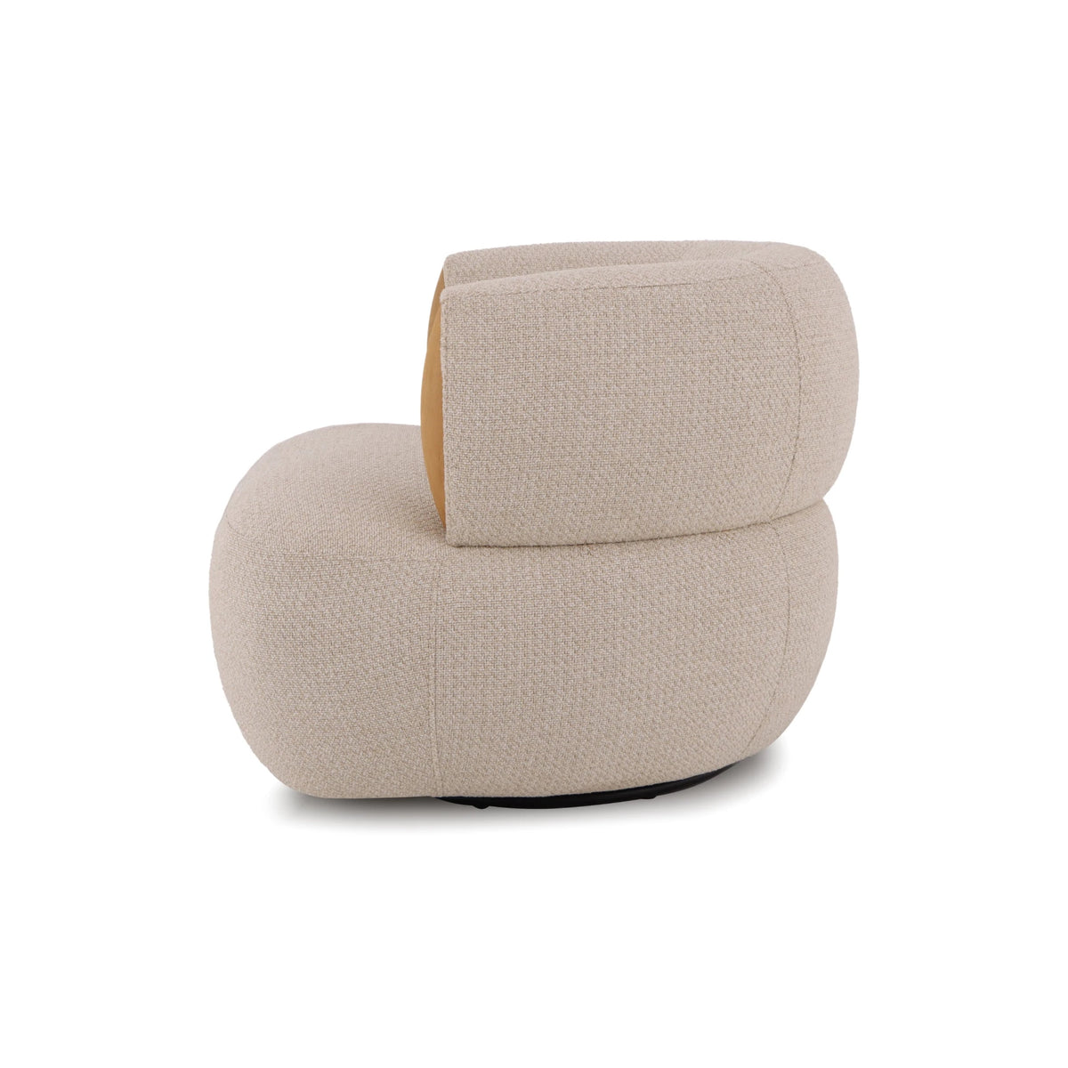 Modern swivel lounge chair in beige upholstery with natural oak details