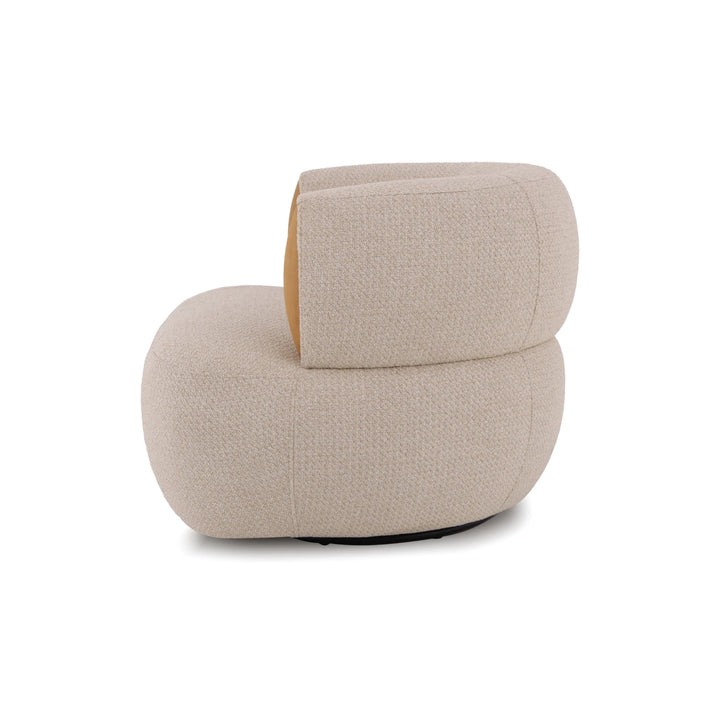 Modern swivel lounge chair in beige upholstery with natural oak details