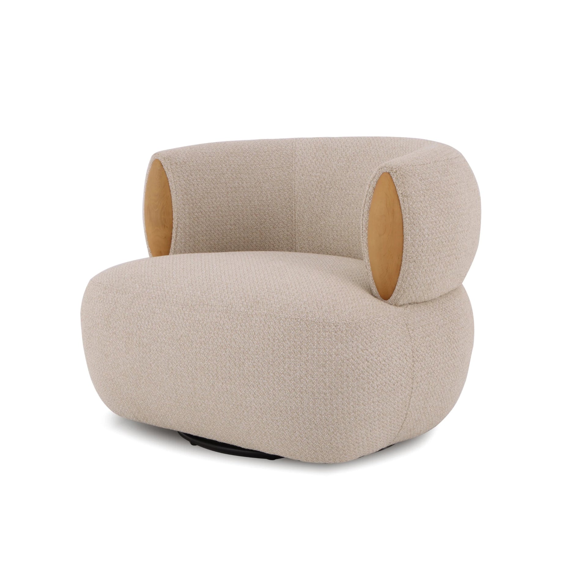 Theo beige swivel armchair with oak armrests and smooth curved design