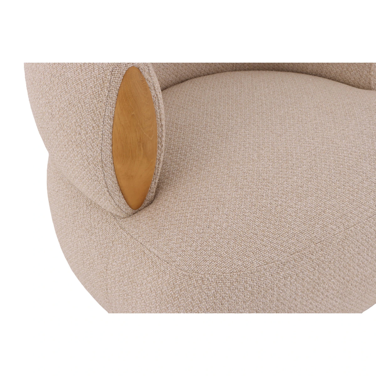 Theo – Beige Swivel Armchair with Wooden Accents close-up on textured beige fabric and smooth natural oak wood detail on armrest