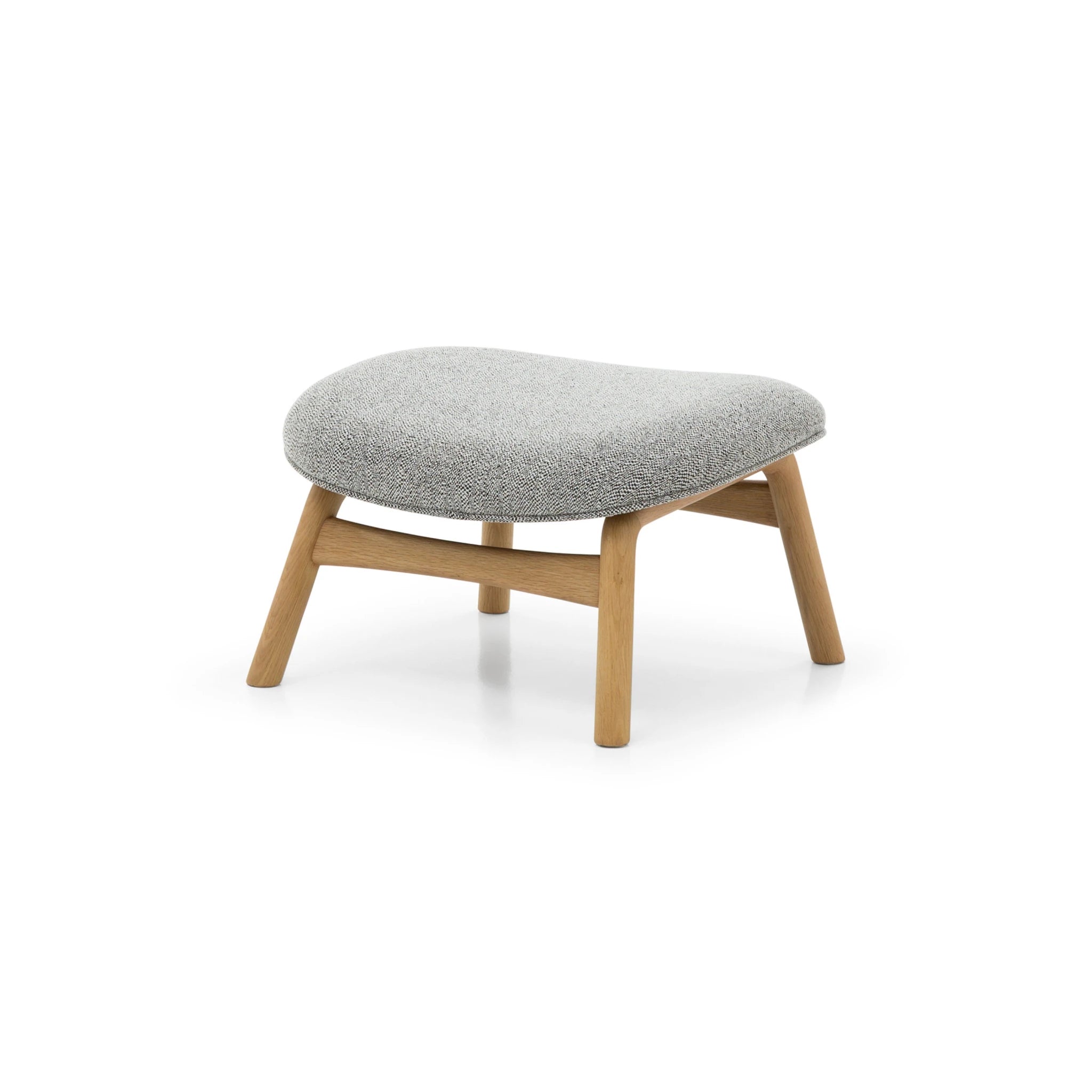 Theo Footstool – Noel Fabric with curved solid oak frame and light gray textured cushion, front angle, gallery position 1, Jari-Theo-Noel-5.webp