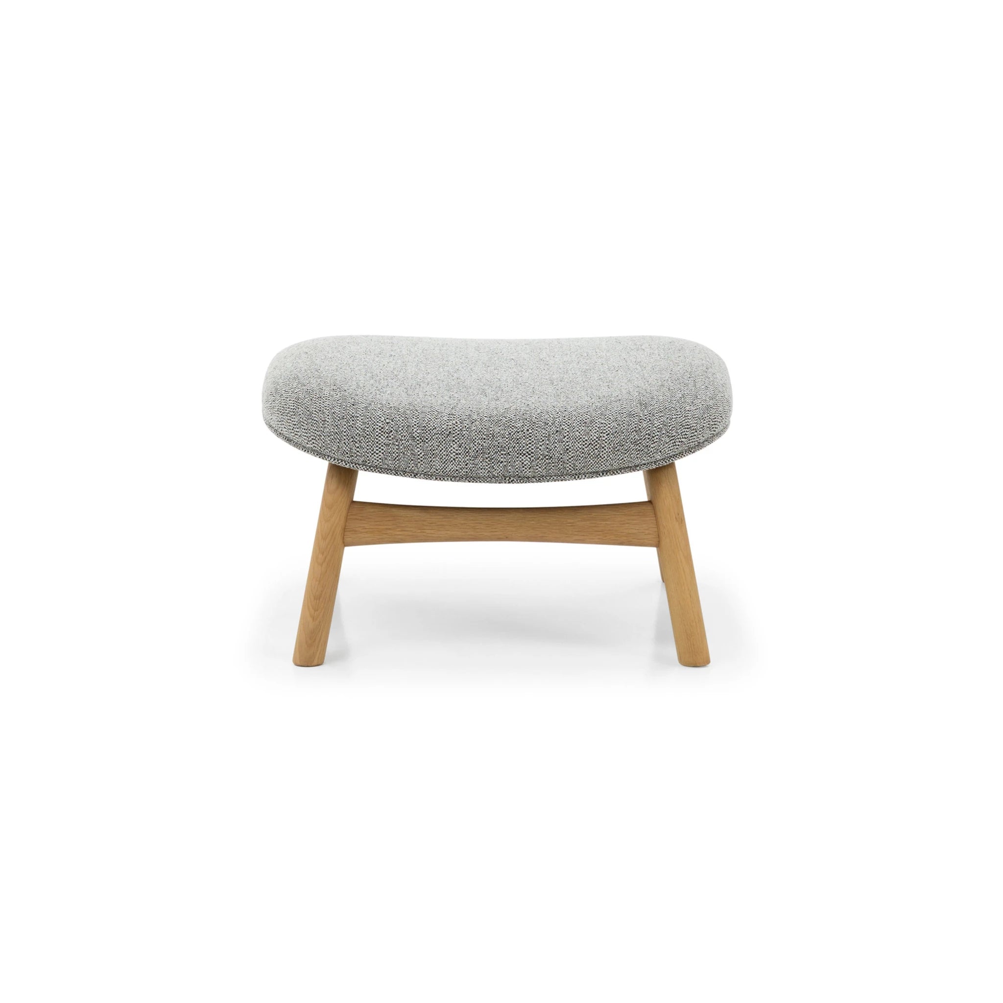 Theo Footstool – Noel Fabric front view with curved natural oak frame and gently rounded gray upholstered cushion, gallery position 1