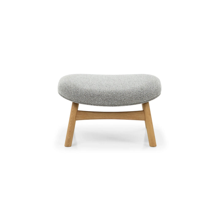 Theo Footstool – Noel Fabric front view with curved natural oak frame and gently rounded gray upholstered cushion, gallery position 1