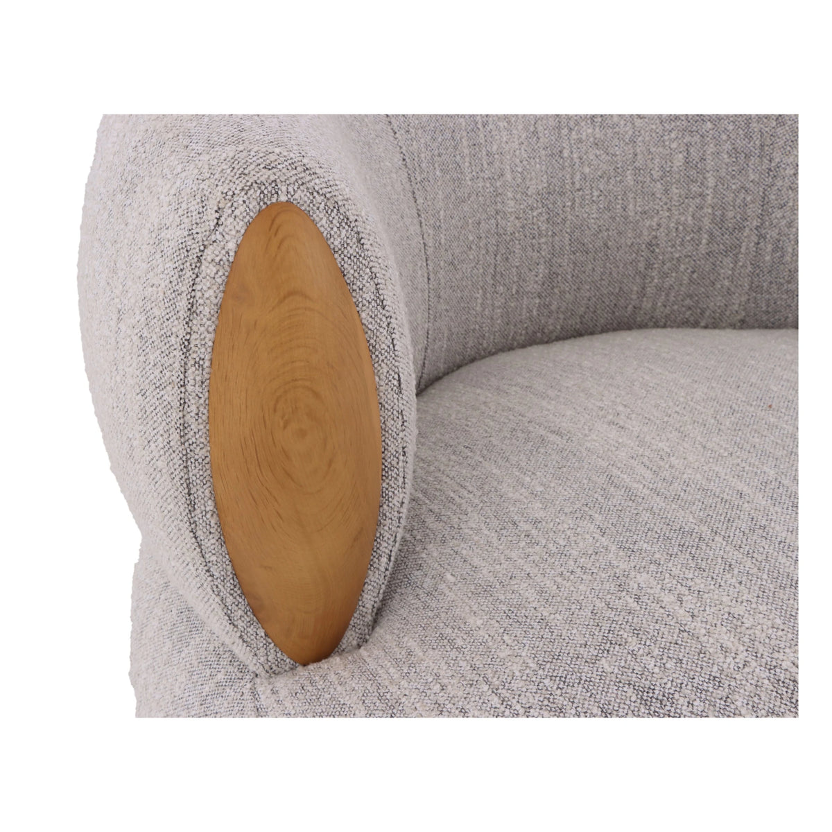 Theo – Light Grey Swivel Armchair with Wooden Accents close-up of light grey fabric and smooth natural oak wood arm detail