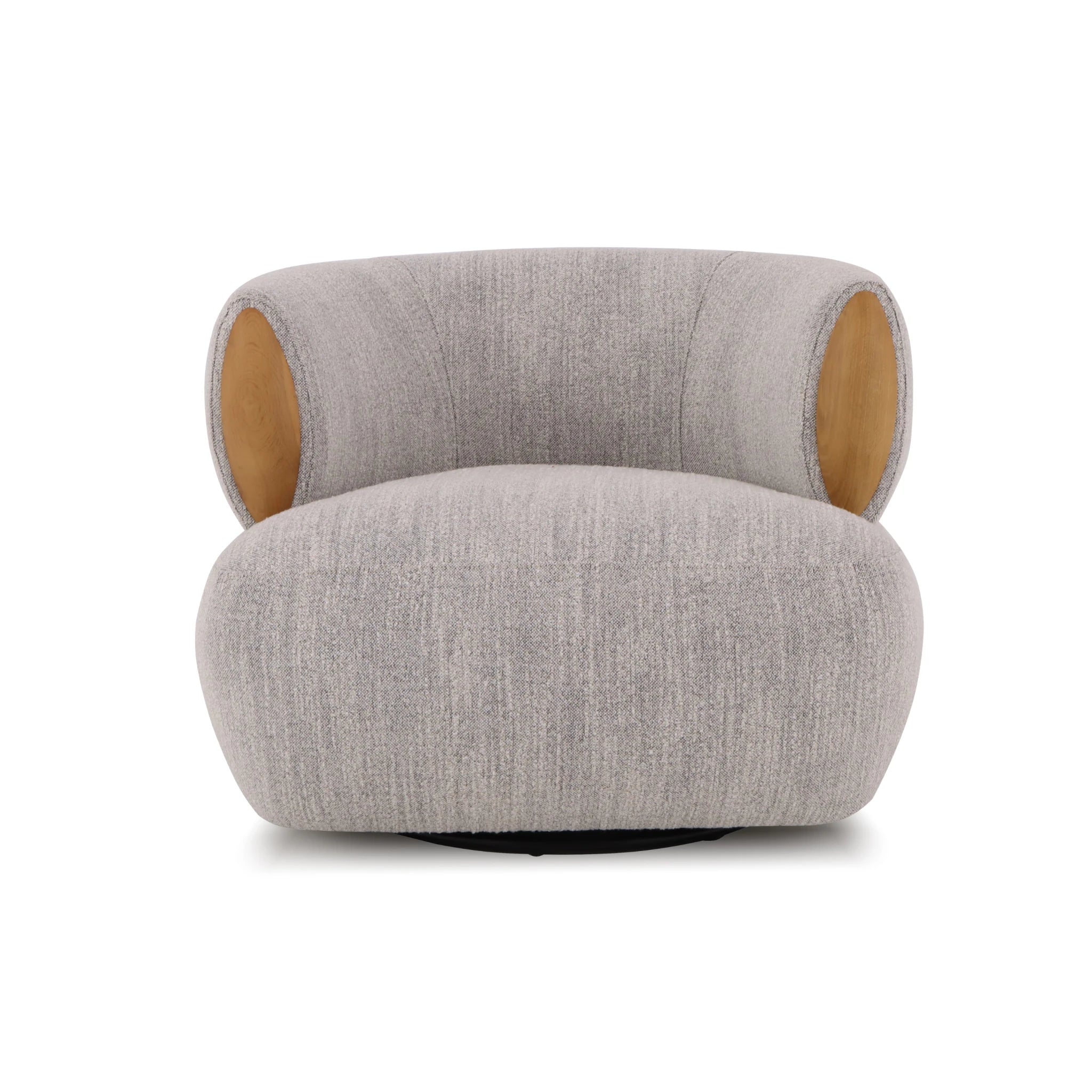 Theo – Light Grey Swivel Armchair with Wooden Accents in smooth rounded silhouette with textured fabric and visible natural oak arm panels, gallery position 1
