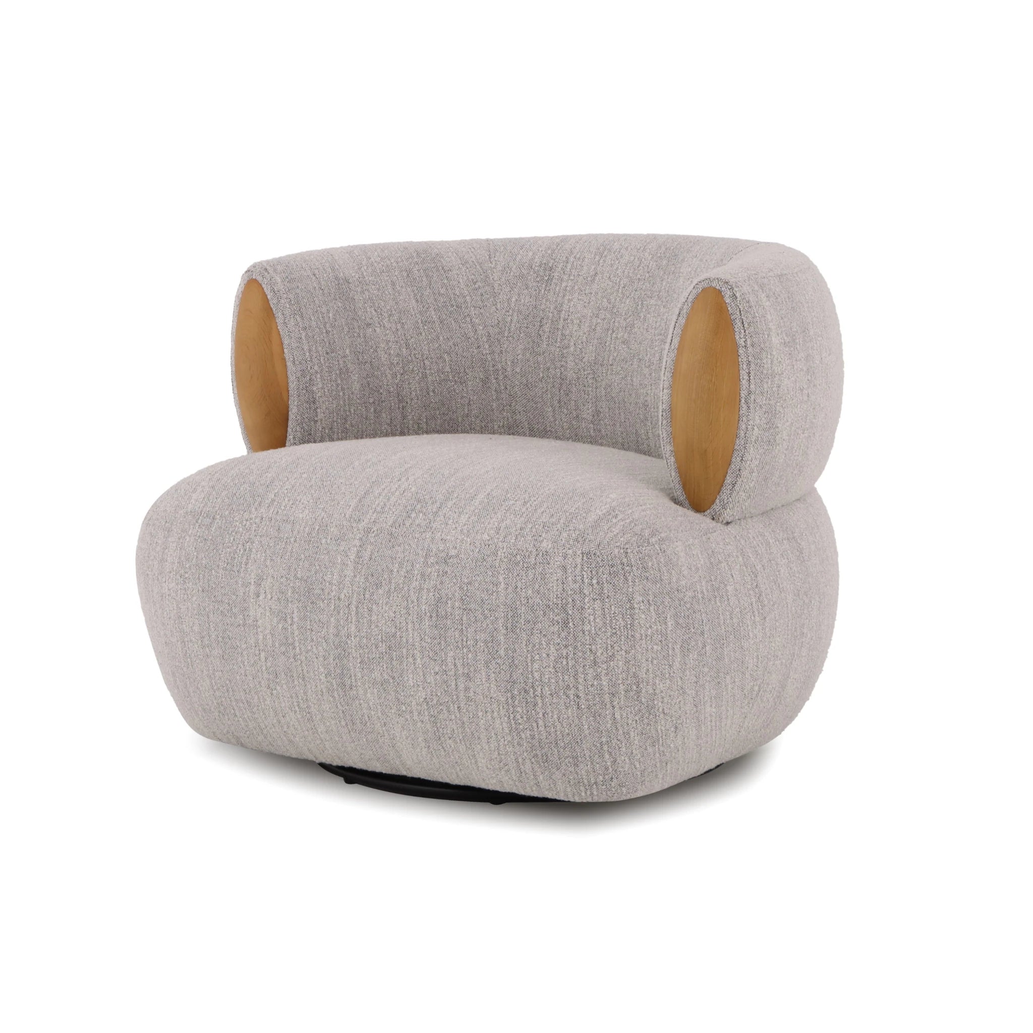 Theo light grey swivel armchair with oak side panels and curved modern design