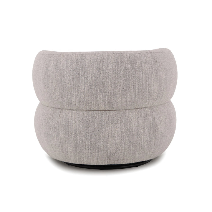 Theo – Light Grey Swivel Armchair with Wooden Accents in smooth rounded light grey fabric with minimalist form