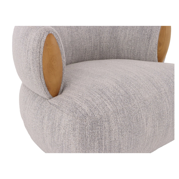 Theo – Light Grey Swivel Armchair with Wooden Accents close-up highlighting rounded armrest and natural oak wood detail