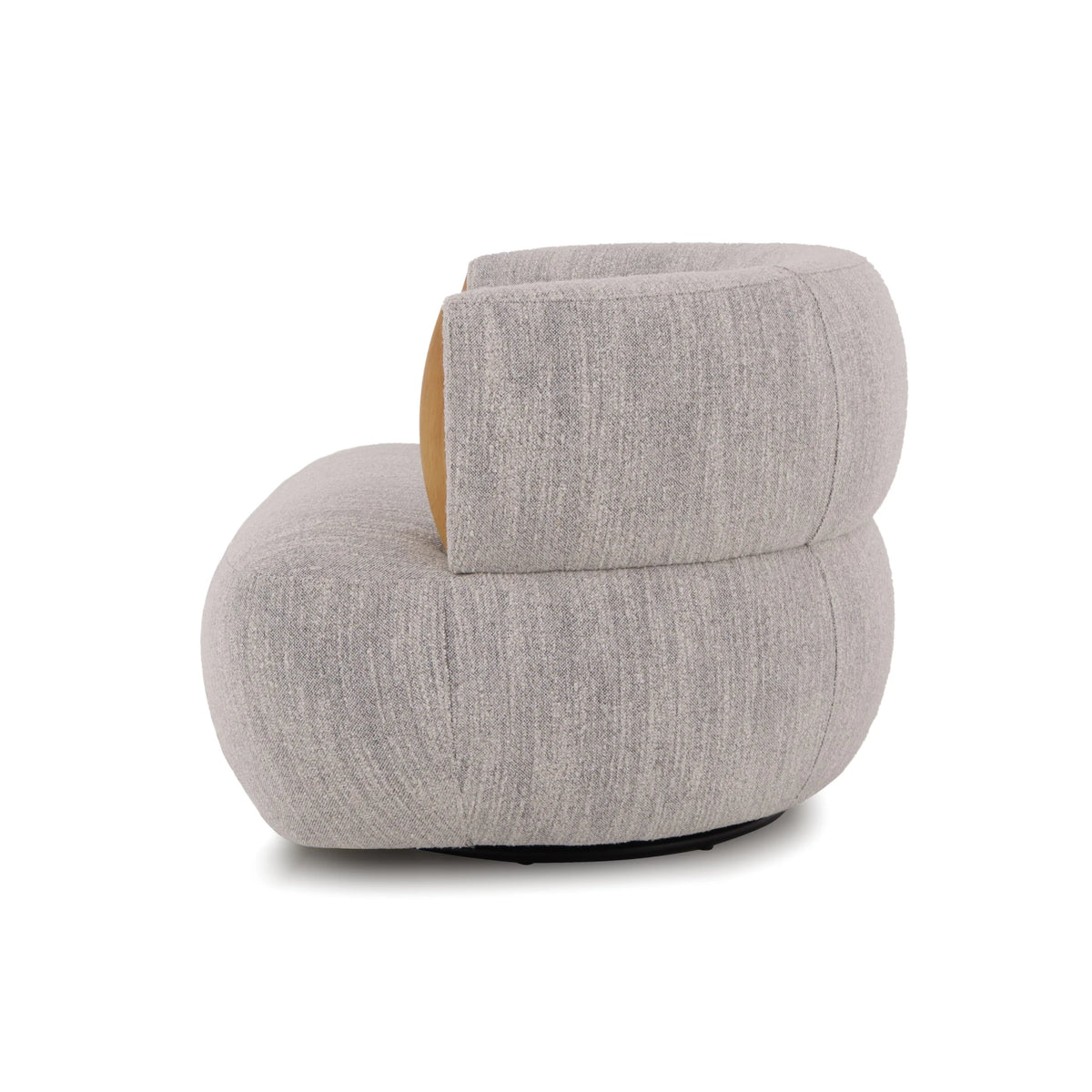 Light grey fabric swivel chair with wooden accents and rounded silhouette