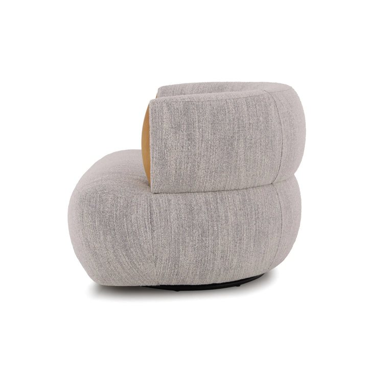 Light grey fabric swivel chair with wooden accents and rounded silhouette