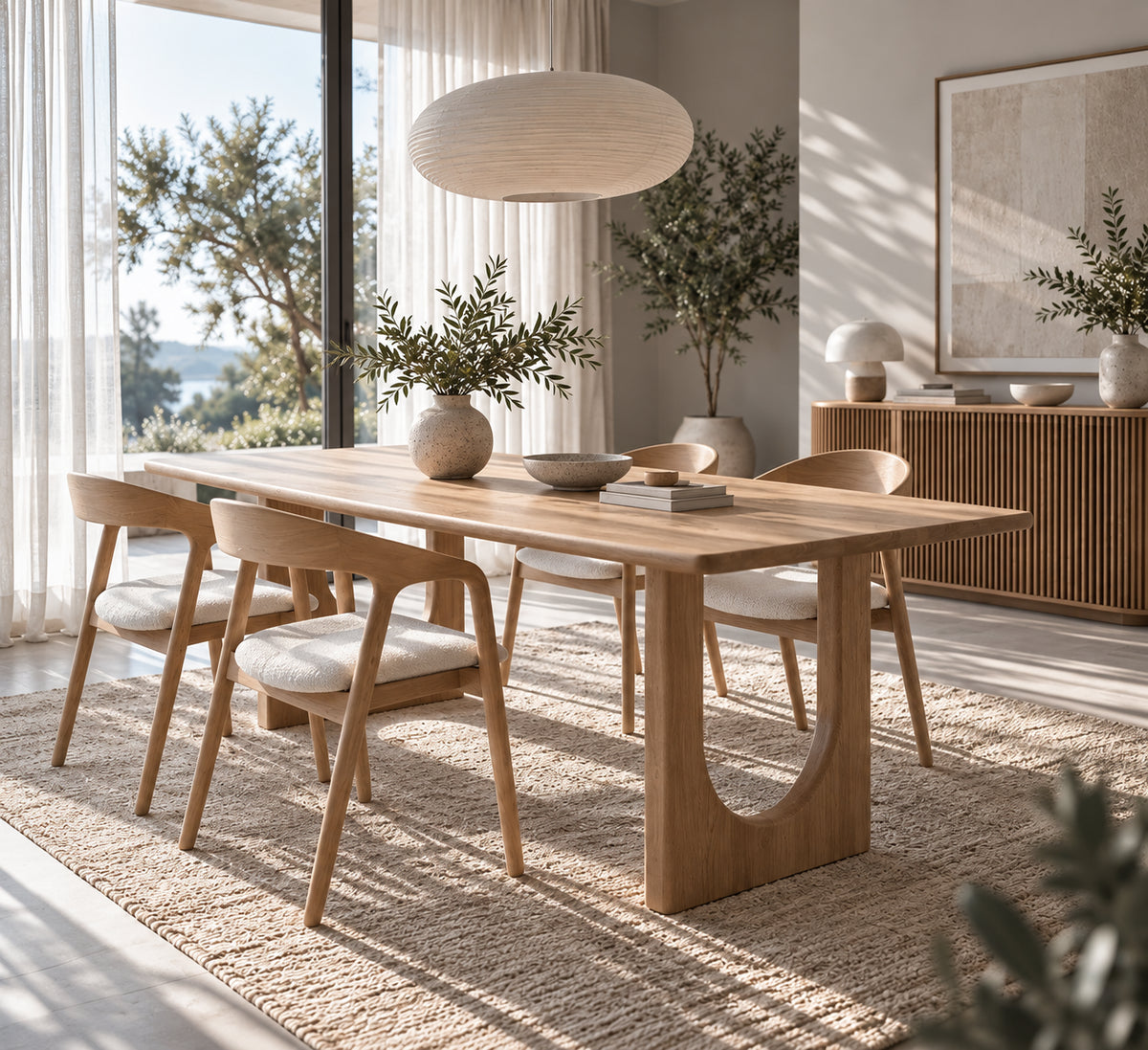 Theo solid white oak dining table with sculptural arched legs and oak chairs in a sunlit dining room