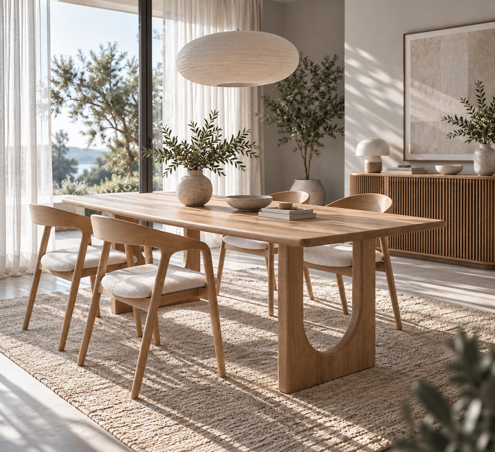 Theo solid white oak dining table with sculptural arched legs and oak chairs in a sunlit dining room