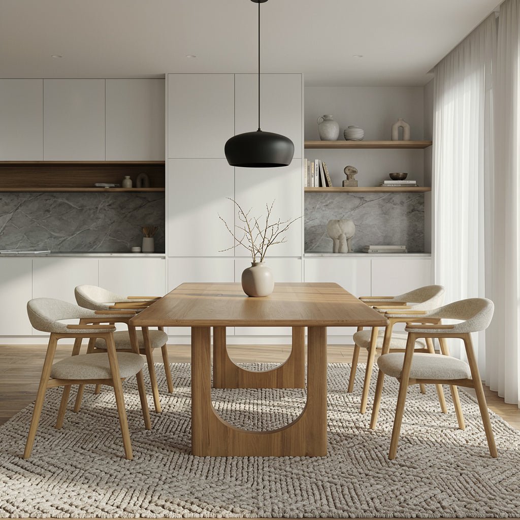 Theo oak dining table with cream upholstered chairs in a modern kitchen
