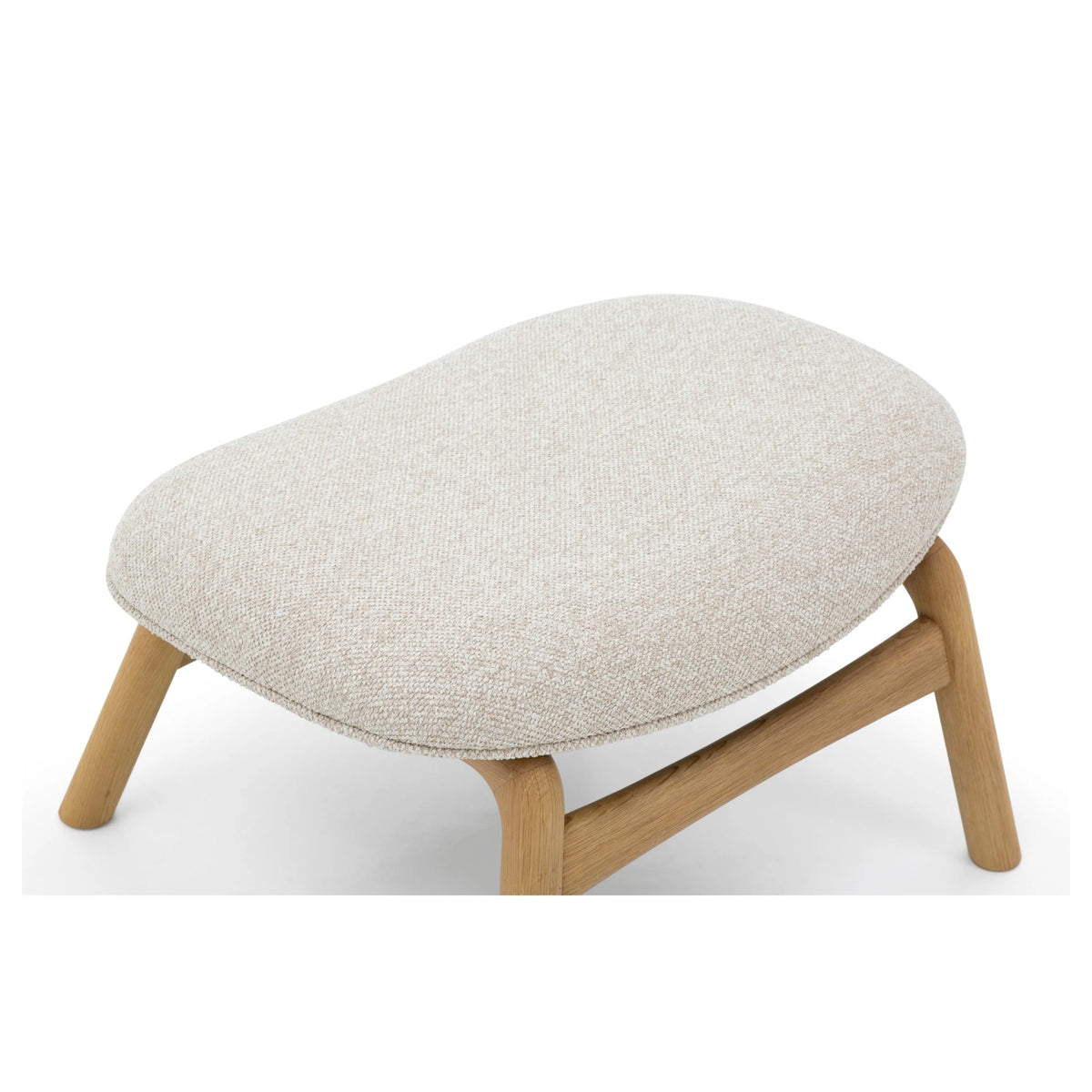Theo Oak Footstool – Cobble Fabric front angle showing minimalist solid oak frame and rounded textured beige cushion