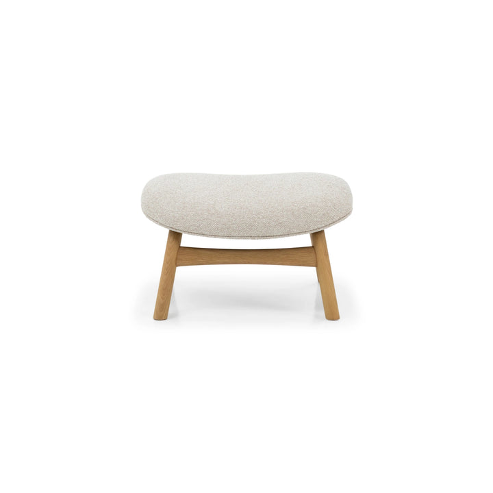 Theo Oak Footstool – Cobble Fabric front view with natural solid oak base and textured light beige cushion