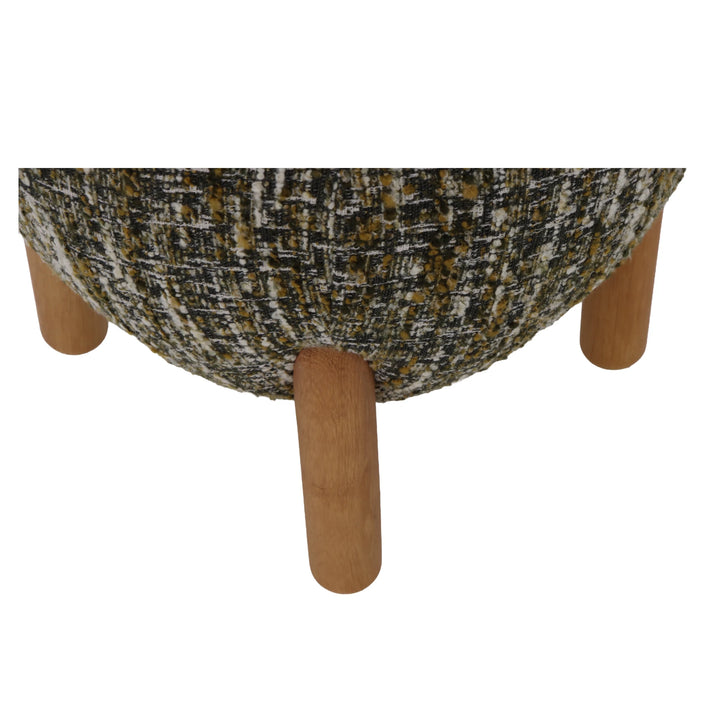 Theo Oak Pouf – Green Fabric close-up of textured upholstery and rounded natural oak legs, gallery position 1, Ottoman_Tumba-Theo-Roheline-5.webp