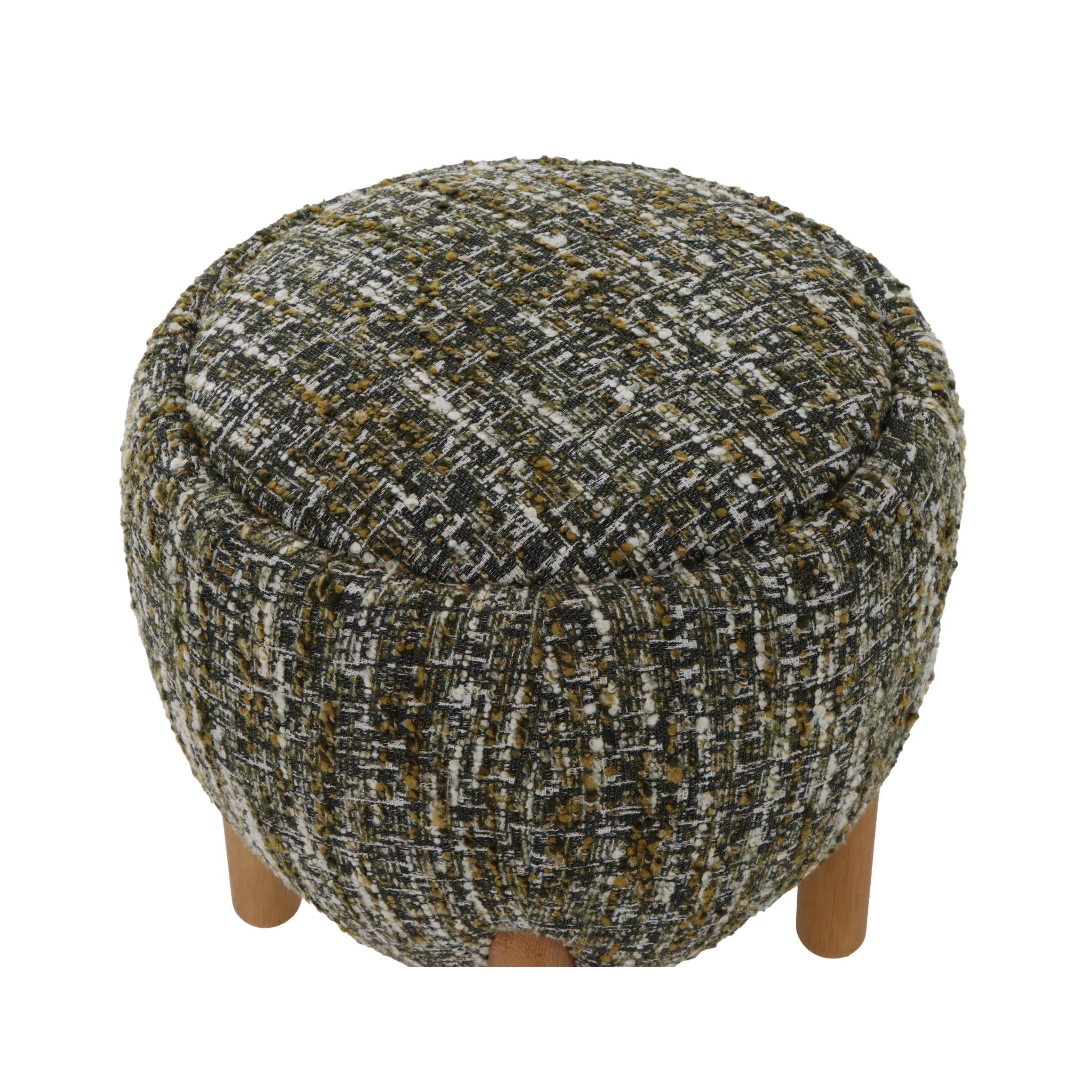 Theo Oak Pouf – Green Fabric top view showing textured multi-tone upholstery and rounded solid oak legs, gallery position 1, Ottoman_Tumba-Theo-Roheline-4.webp