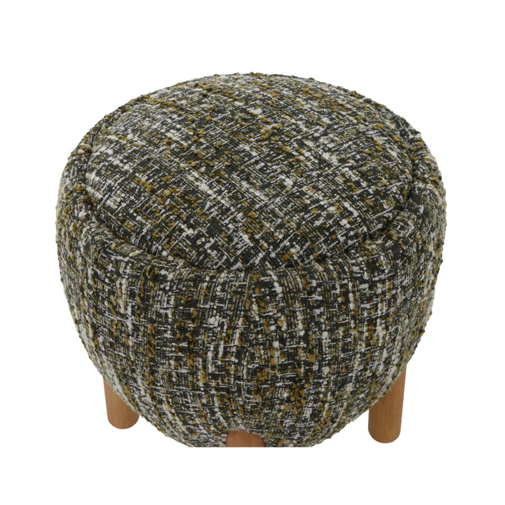 Theo Oak Pouf – Green Fabric top view showing textured multi-tone upholstery and rounded solid oak legs, gallery position 1, Ottoman_Tumba-Theo-Roheline-4.webp