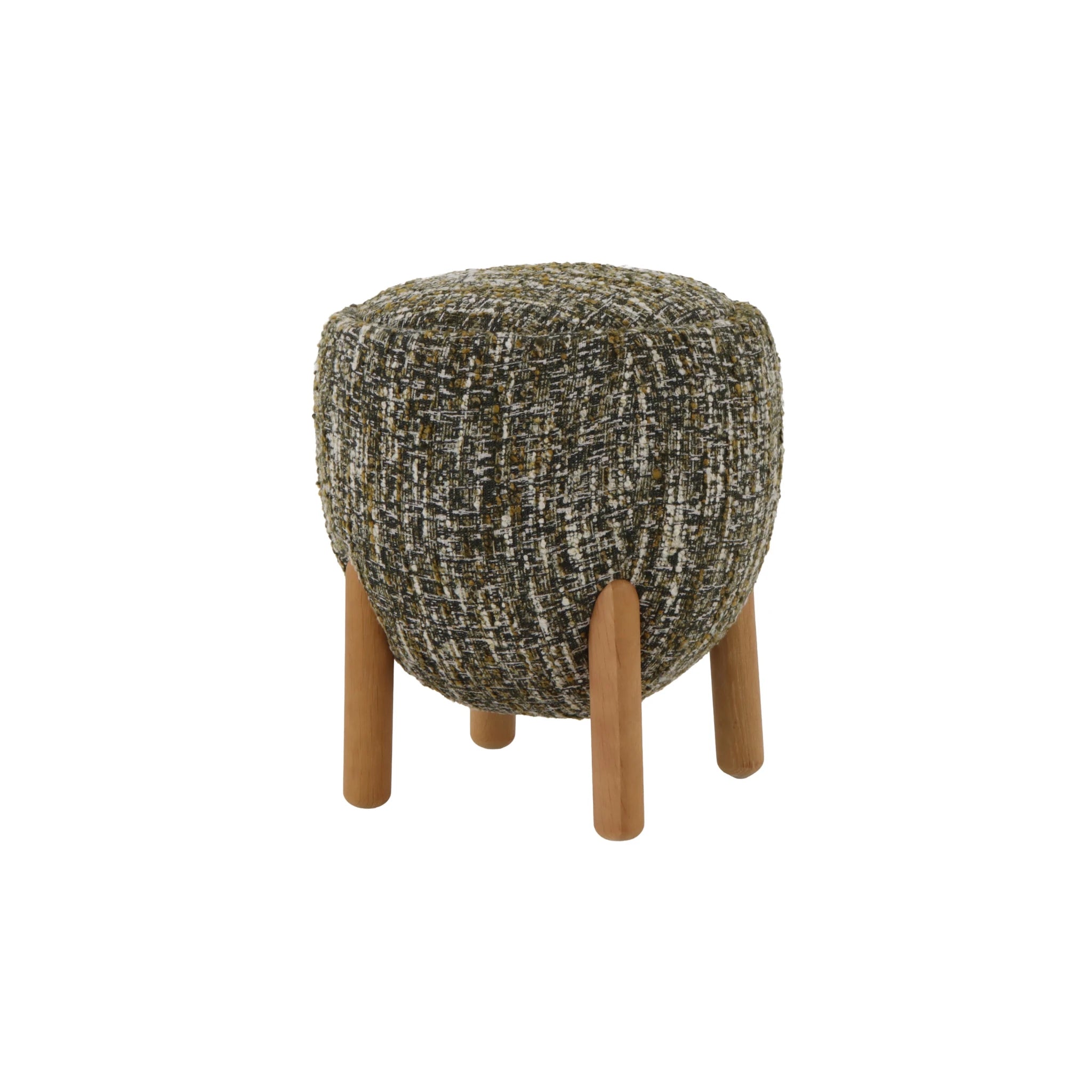 Theo oak pouf with green textured fabric and matte finish wooden legs