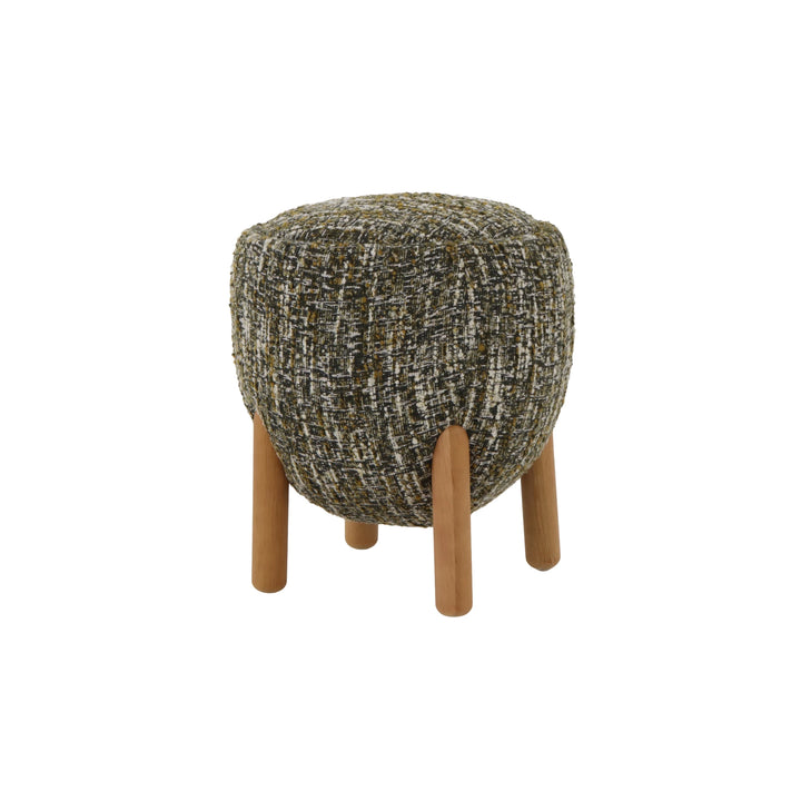 Theo oak pouf with green textured fabric and matte finish wooden legs