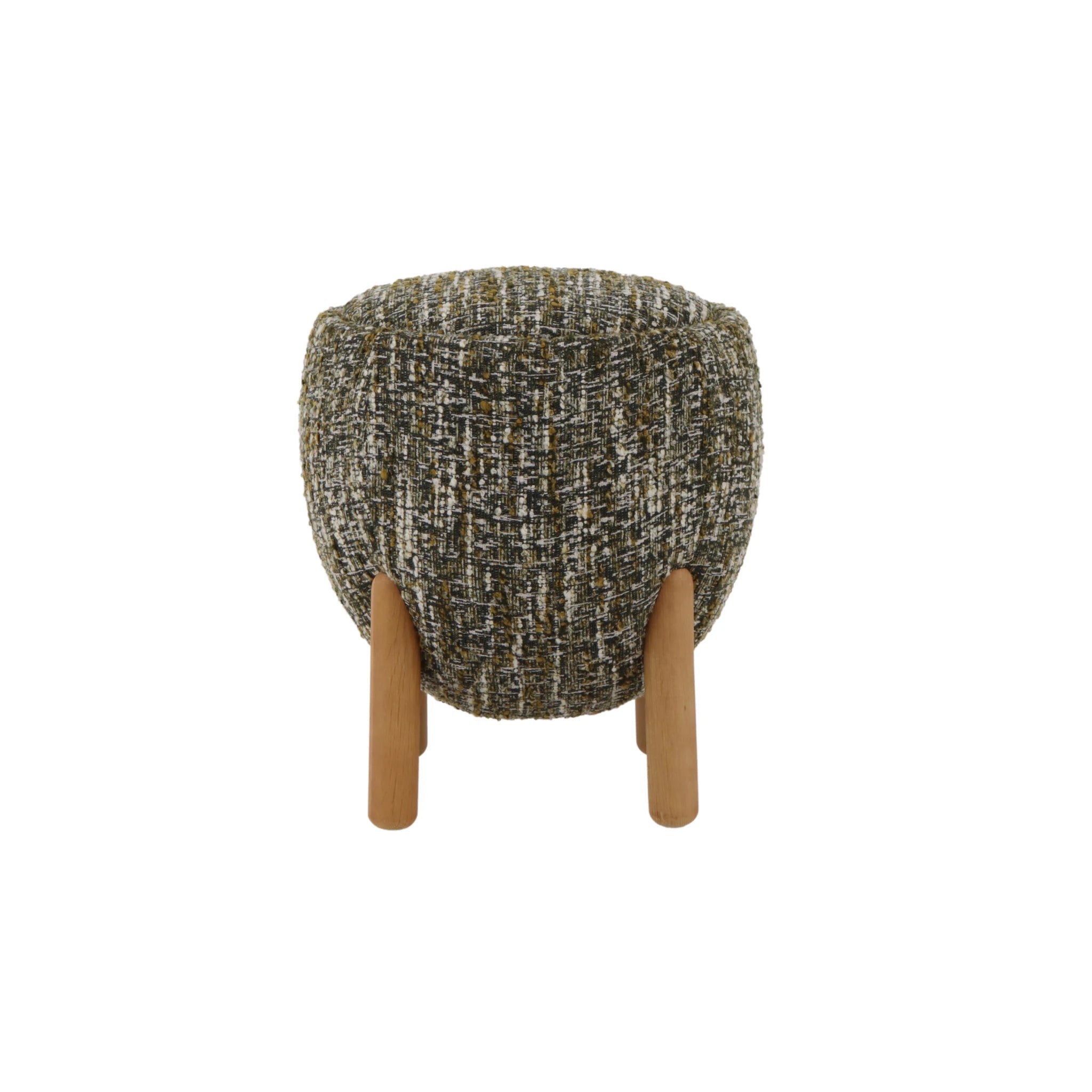 Theo Oak Pouf – Green Fabric front view highlighting textured green upholstery and natural solid oak legs, gallery position 1.