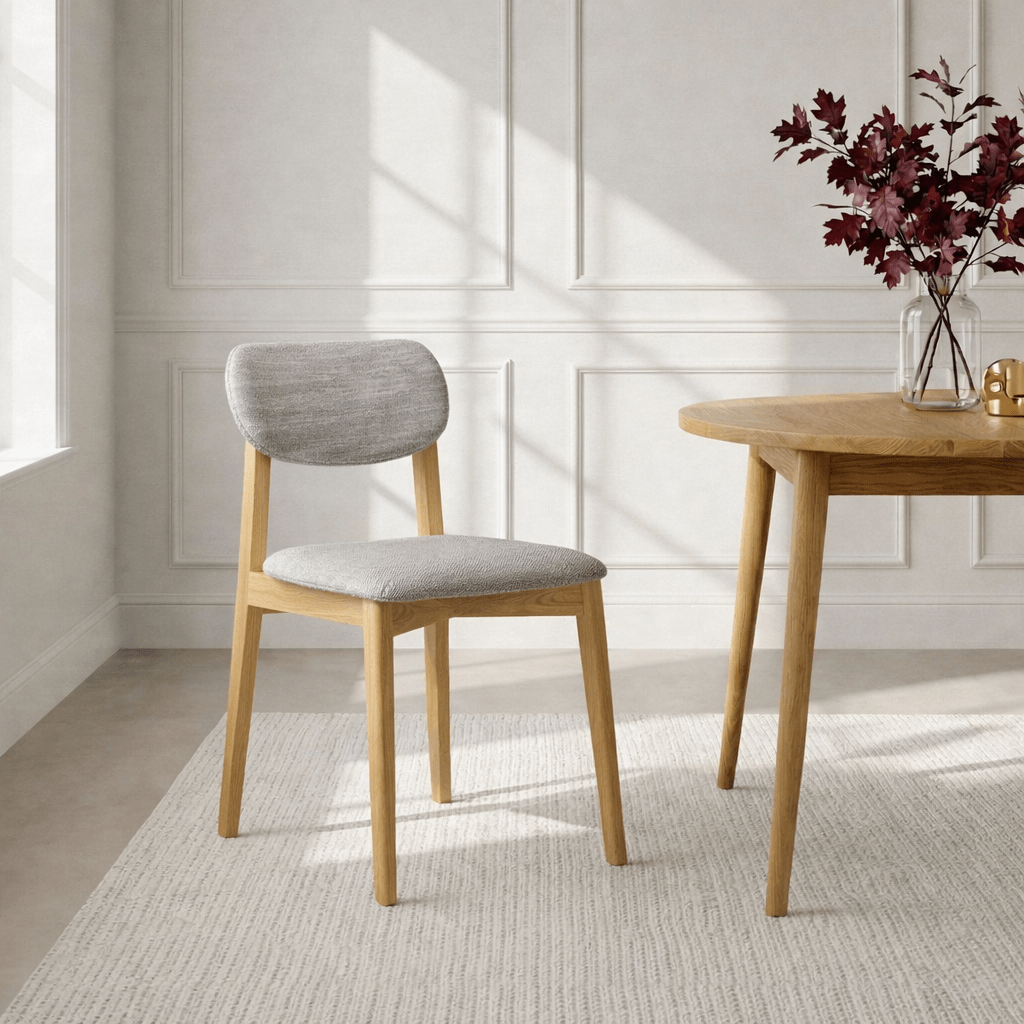 Theo American White Oak Dining Chair, Leigh Fabric, Set of 2 - light grey upholstery, matte lacquer oak frame, front view