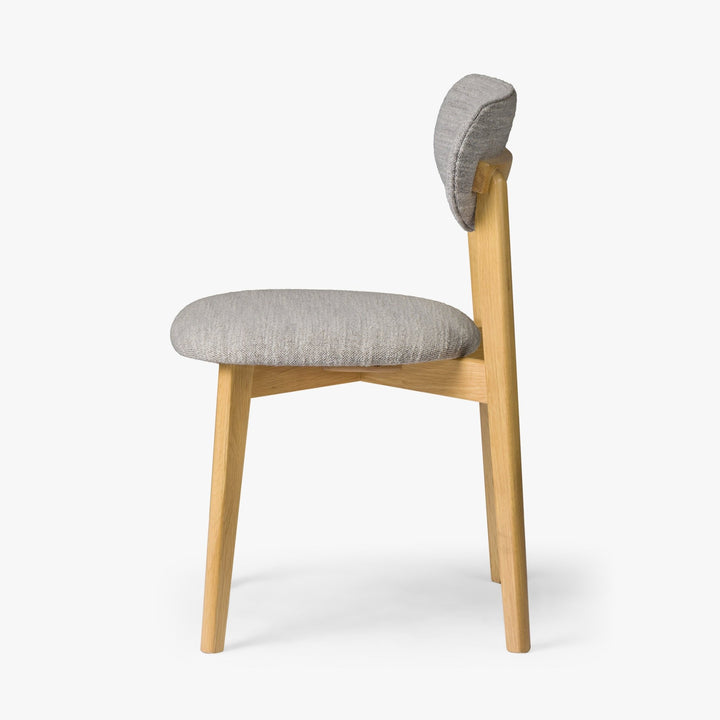 Theo American White Oak Dining Chair, Leigh Fabric - light grey fabric backrest, solid oak frame, side view
