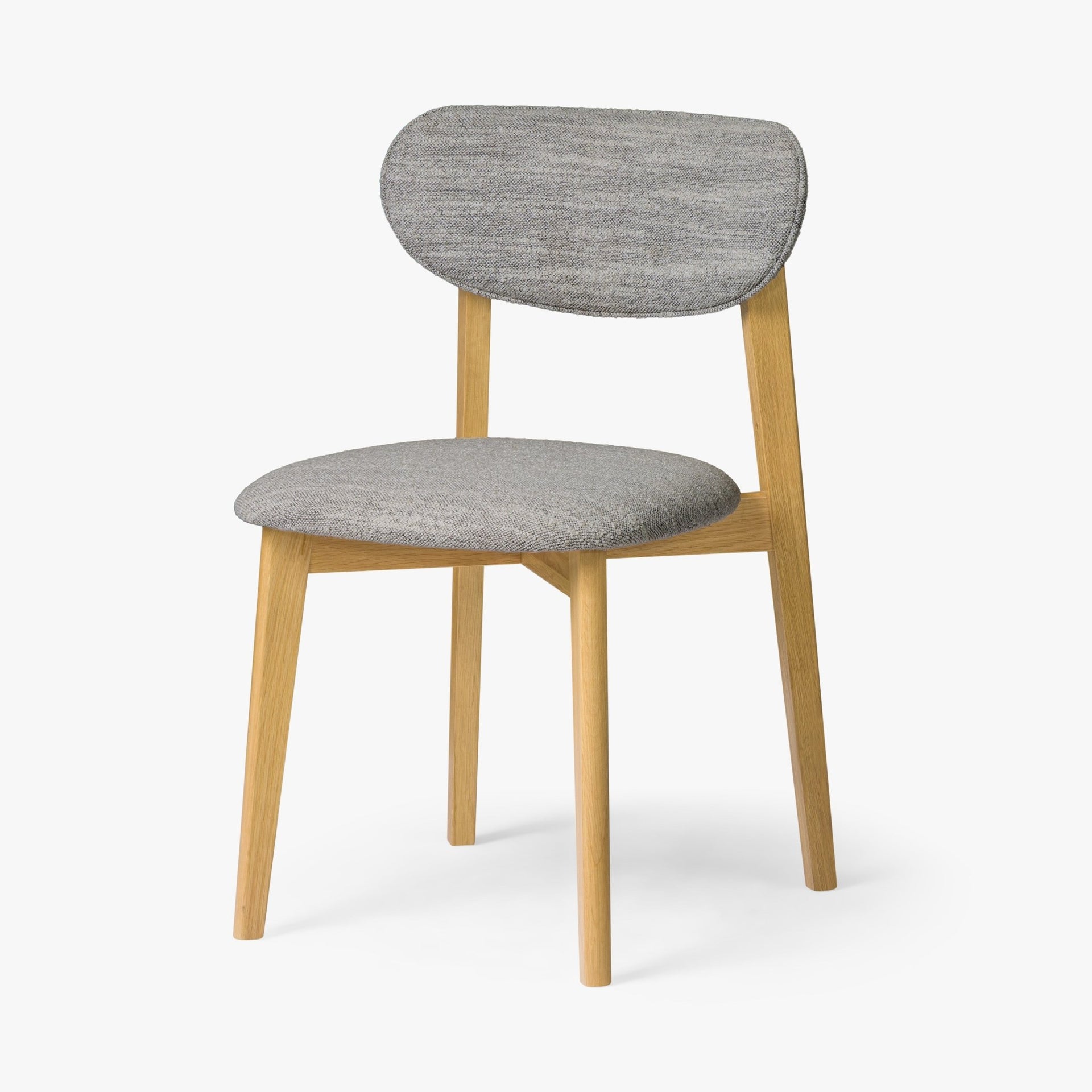 Theo American White Oak Dining Chair, Leigh Fabric - curved grey fabric seat and backrest, natural oak frame, angled view