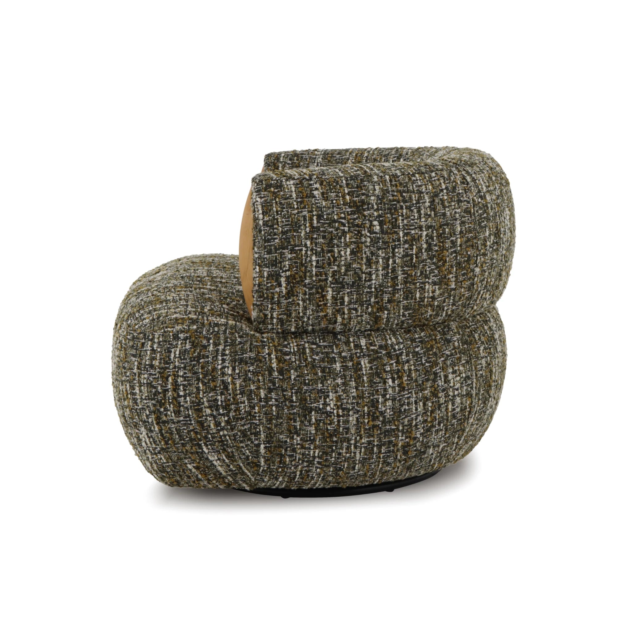Theo – Swivel Armchair with Wooden Accents in textured green fabric with rounded sculptural shape and visible oak wood detail, gallery position 1
