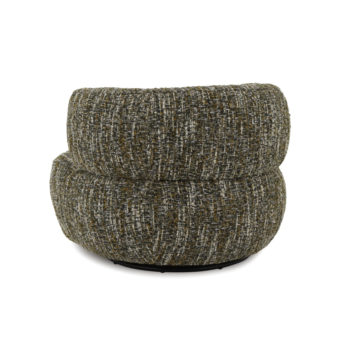 Theo – Swivel Armchair with Wooden Accents in textured green fabric with plush rounded cushions