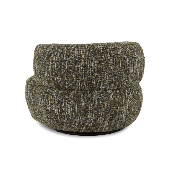 Theo – Swivel Armchair with Wooden Accents in textured green fabric with plush rounded cushions