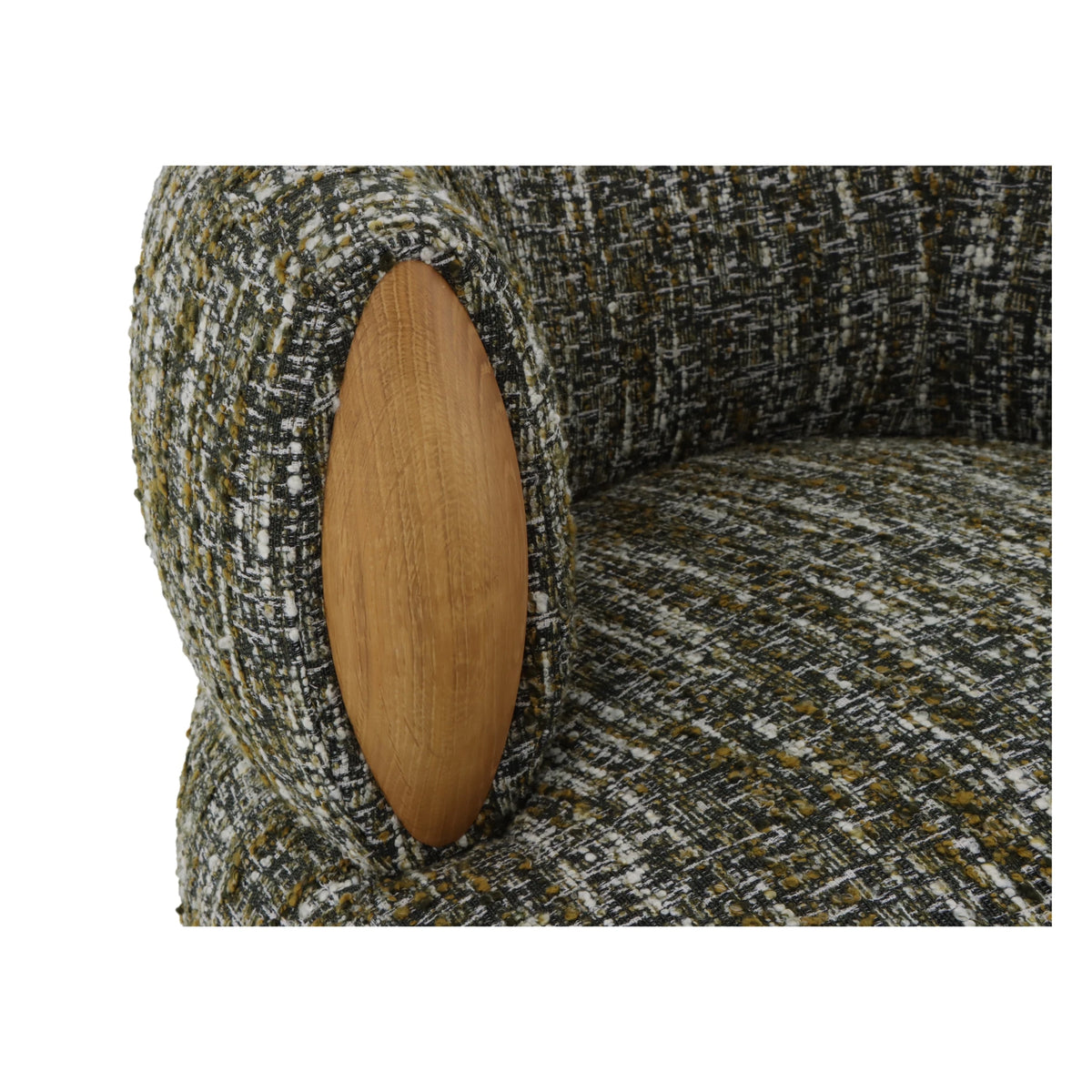 Theo – Swivel Armchair with Wooden Accents close-up of textured green fabric and smooth solid oak oval arm detail