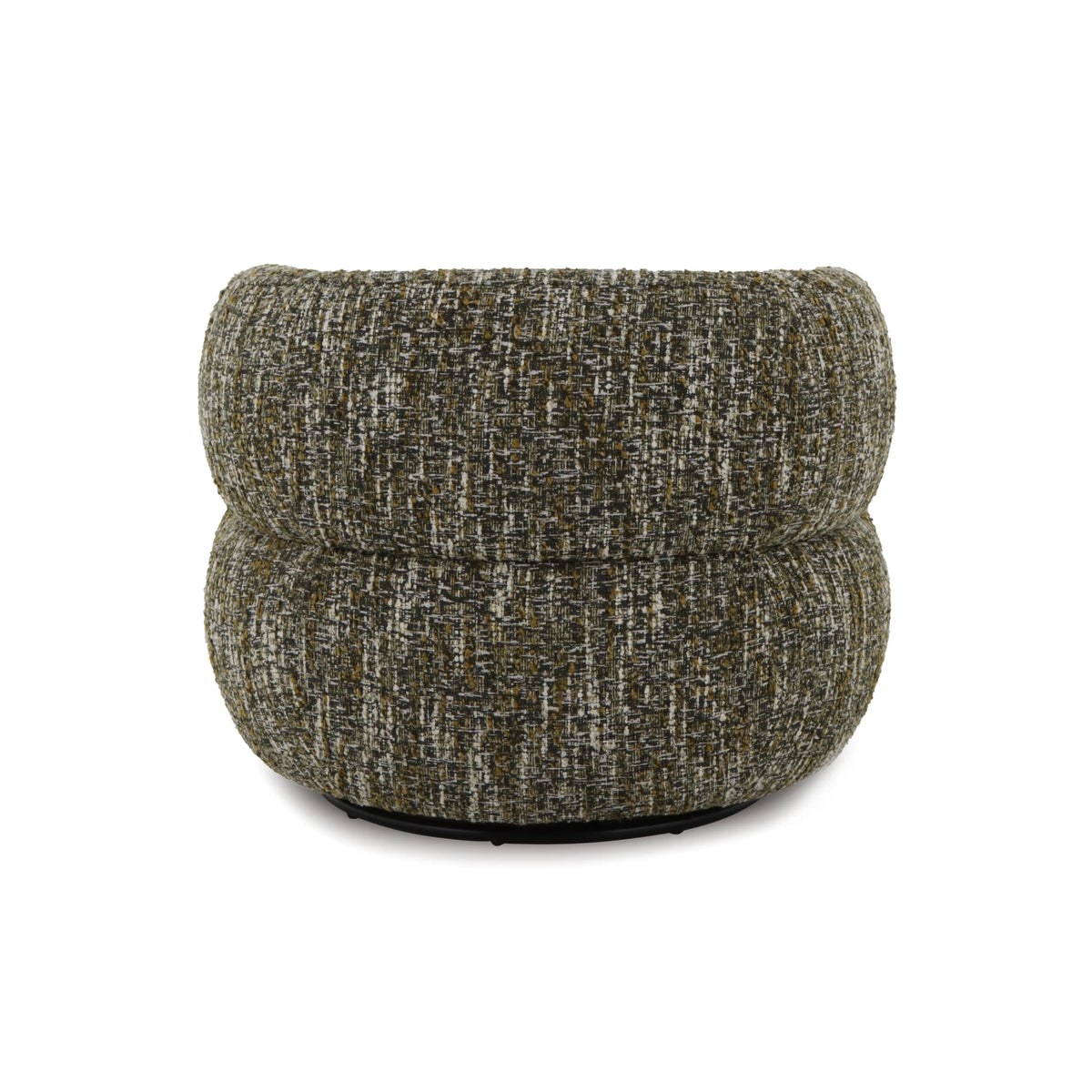Theo – Swivel Armchair with Wooden Accents in textured green fabric with a rounded, sculptural silhouette
