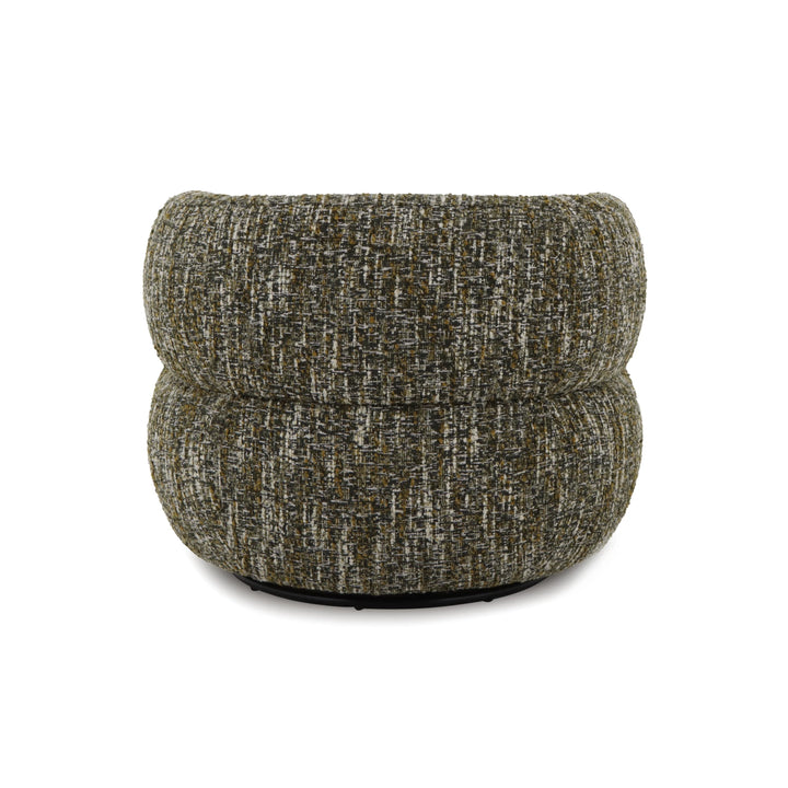 Theo – Swivel Armchair with Wooden Accents in textured green fabric with a rounded, sculptural silhouette