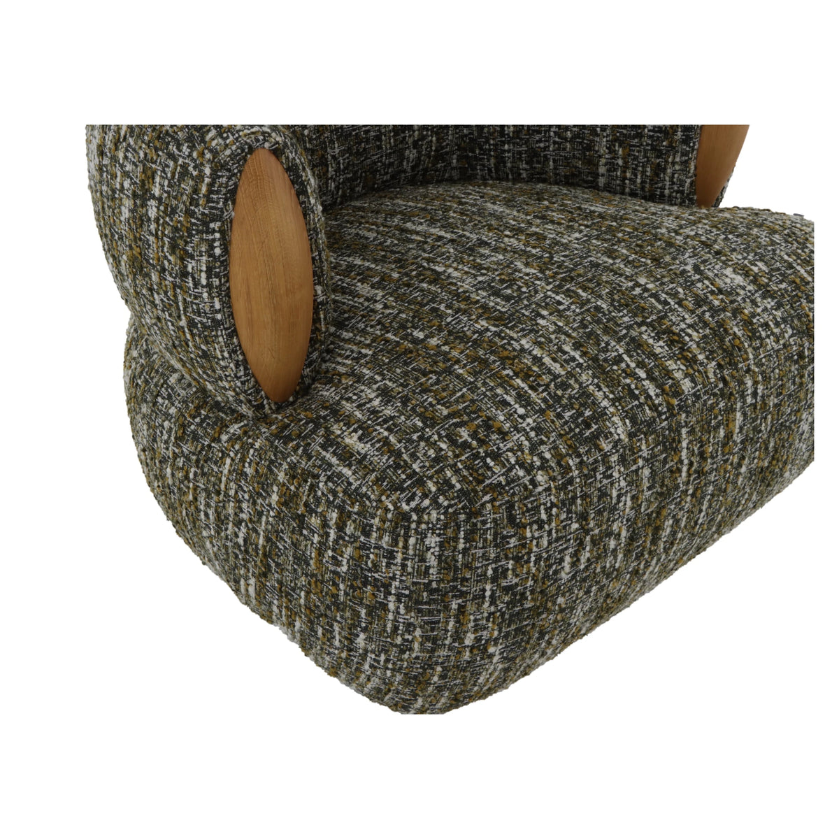 Theo – Swivel Armchair with Wooden Accents in textured green fabric with close-up of rounded cushion and smooth oak side detail