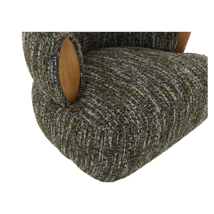 Theo – Swivel Armchair with Wooden Accents in textured green fabric with close-up of rounded cushion and smooth oak side detail