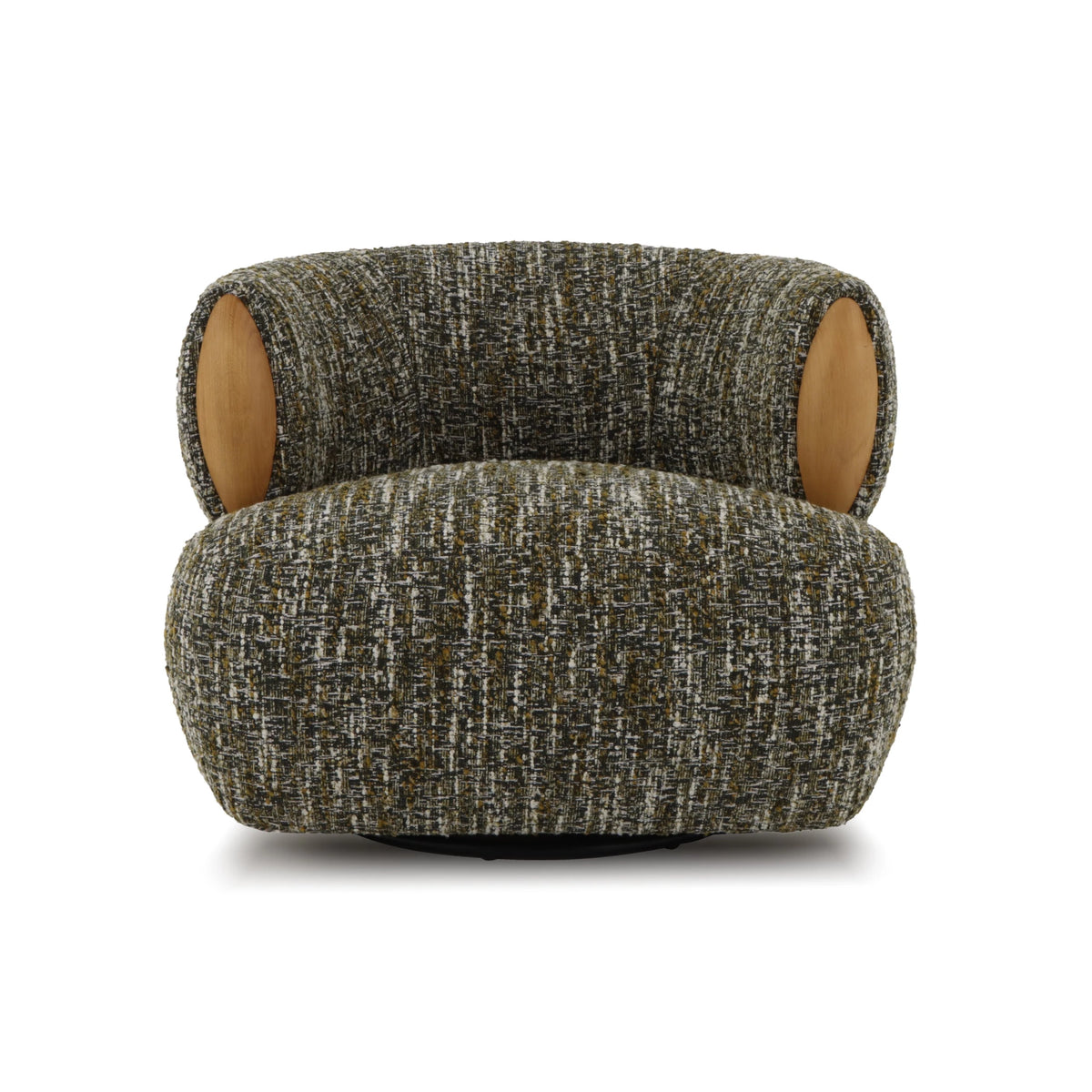 Green fabric swivel chair with natural oak accents and rounded sculptural form